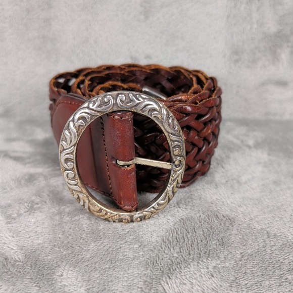 Brighton Accessories - VTG Brighton 91908 Braided Brown Leather Belt Silver Ornate Buckle Medium 90's